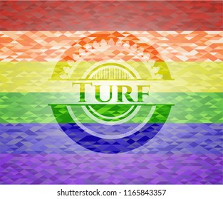 Turf emblem on mosaic background with the colors of the LGBT flag