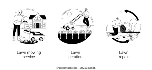 Turf maintenance abstract concept vector illustration set. Lawn mowing service, aeration and repair, gardening, grass fertilization, remove dandelion, thatch and moss, overseeding abstract metaphor.