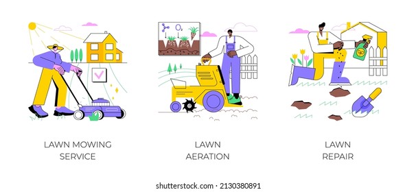 Turf maintenance abstract concept vector illustration set. Lawn mowing service, aeration and repair, gardening, grass fertilization, remove dandelion, thatch and moss, overseeding abstract metaphor.