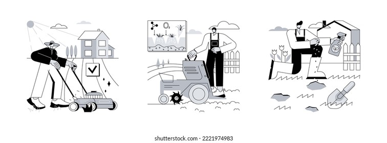 Turf Maintenance Abstract Concept Vector Illustration Set. Lawn Mowing Service, Aeration And Repair, Gardening, Grass Fertilization, Remove Dandelion, Thatch And Moss, Overseeding Abstract Metaphor.