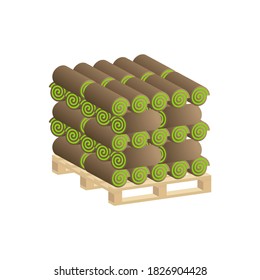 Turf Rolls.Lawn rolls on pallet.Vector isometric and 3D view.