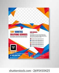 rasensorten lösung dienstleistungen flyer design vorlage auf vertikal layout. Vektorgrafik-Banner mit Platz für Foto. buntes Low-Poly-Konzept. polygonales Design mit Farbverlauf-Elementen