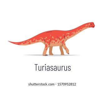 Turiasaurus. Sauropodomorpha dinosaur. Colorful vector illustration of prehistoric creature turiasaurus in hand drawn flat style isolated on white background. Huge fossil dinosaur.