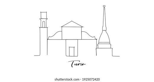 Turin city of Italy landmarks skyline - Continuous one line drawing