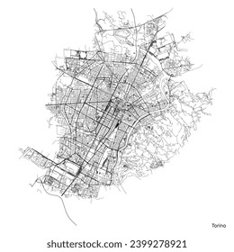 Turin city map with roads and streets, Italy. Vector outline illustration.