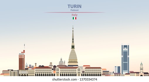 Turin city skyline on colorful gradient beautiful day sky background with flag of Italy. Vector illustration