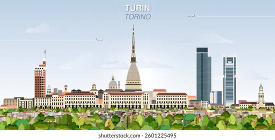 Turin city skyline on gradient beautiful day sky background. Vector illustration