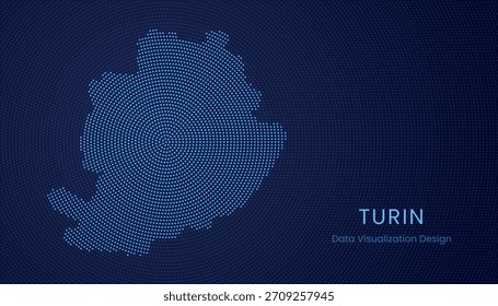 Turin Stadt stilisierte gepunktete Karte in modernem zirkulärem Daten-Tech Visualisierungskonzept.
