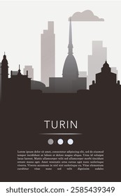 Turin city template for website, presentation, front page, invitation, publication sheet with skyline, landmarks. Vector Italy image layout, simple and grayscale