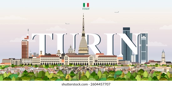 Turin cityscape colorful vector illustration with big city name on the background. Travel trendy poster