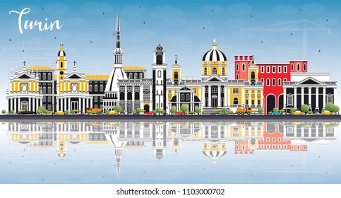 Turin Italy City Skyline with Color Buildings, Blue Sky and Reflections. Vector Illustration. Business Travel and Tourism Concept with Modern Architecture. Turin Cityscape with Landmarks.