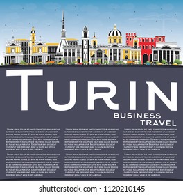 Turin Italy City Skyline with Color Buildings, Blue Sky and Copy Space. Vector Illustration. Business Travel and Tourism Concept with Modern Architecture. Turin Cityscape with Landmarks.
