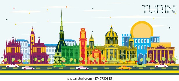 Turin Italy City Skyline with Color Buildings and Blue Sky. Vector Illustration. Business Travel and Tourism Concept with Modern Architecture. Turin Cityscape with Landmarks.