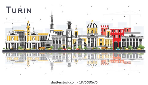 Turin Italy City Skyline with Color Buildings and Reflections Isolated on White. Vector Illustration. Business Travel and Tourism Concept with Modern Architecture. Turin Cityscape with Landmarks.