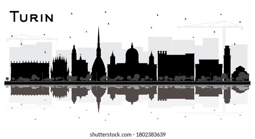 Turin Italy City Skyline Silhouette with Black Buildings and Reflections Isolated on White. Vector Illustration. Travel and Tourism Concept with Modern Architecture. Turin Cityscape with Landmarks.