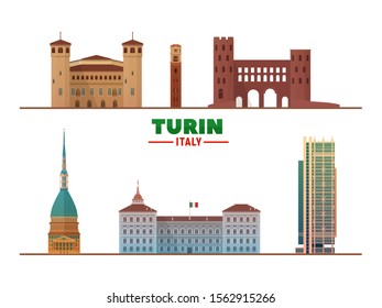 Turin, Italy famous landmarks at white background. Vector Illustration. Business travel and tourism concept with modern buildings. Image for banner or web site