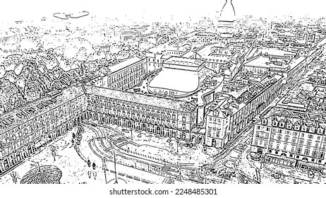 Turin, Italy. Flight over the city. Historical center, top view. Theater. Doodle sketch style. Aerial view