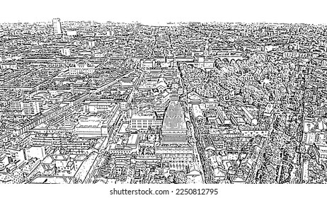 Turin, Italy. Flight over the city. Mole Antonelliana - a 19th-century building with a 121 m high dome and a spire. Doodle sketch style. Aerial view