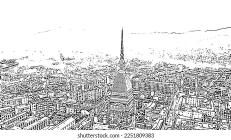 Turin, Italy. Flight over the city. Mole Antonelliana - a 19th-century building with a 121 m high dome and a spire. Doodle sketch style. Aerial view