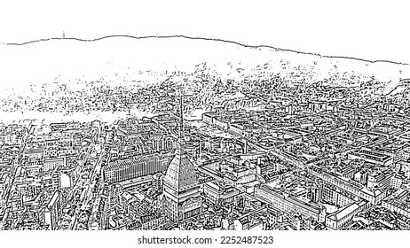 Turin, Italy. Flight over the city. Mole Antonelliana - a 19th-century building with a 121 m high dome and a spire. Doodle sketch style. Aerial view
