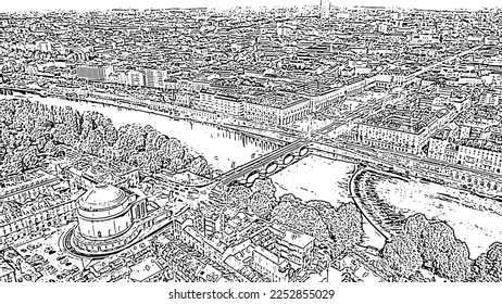 Turin, Italy. Flight over the city. Catholic Parish Church Gran Madre Di Dio. Bridge Vittorio Emanuele I. Doodle sketch style. Aerial view