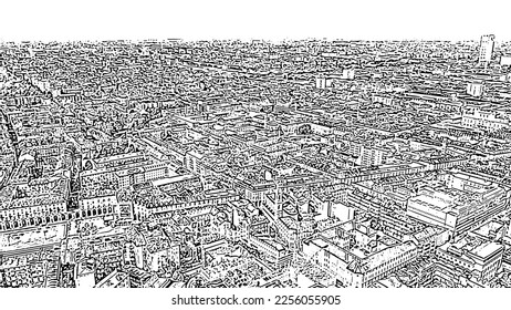 Turin, Italy. Flight over the city. Historical center, top view. Doodle sketch style. Aerial view