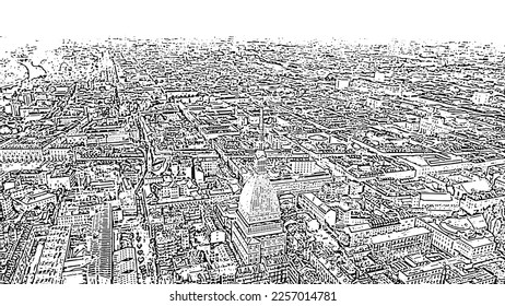 Turin, Italy. Flight over the city. Mole Antonelliana - a 19th-century building with a 121 m high dome and a spire. Doodle sketch style. Aerial view