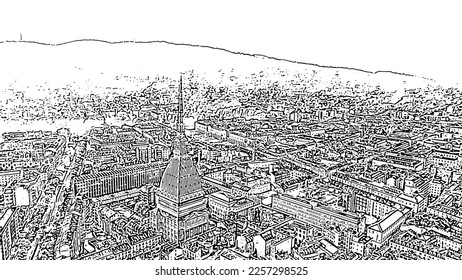 Turin, Italy. Flight over the city. Mole Antonelliana - a 19th-century building with a 121 m high dome and a spire. Doodle sketch style. Aerial view