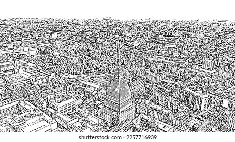 Turin, Italy. Flight over the city. Mole Antonelliana - a 19th-century building with a 121 m high dome and a spire. Doodle sketch style. Aerial view