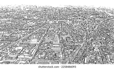 Turin, Italy. Flight over the city. Mole Antonelliana - a 19th-century building with a 121 m high dome and a spire. Doodle sketch style. Aerial view