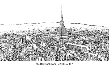 Turin, Italy. Flight over the city. Mole Antonelliana - a 19th-century building with a 121 m high dome and a spire. Doodle sketch style. Aerial view