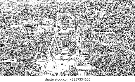 Turin, Italy. Flight over the city. Catholic Parish Church Gran Madre Di Dio. Doodle sketch style. Aerial view