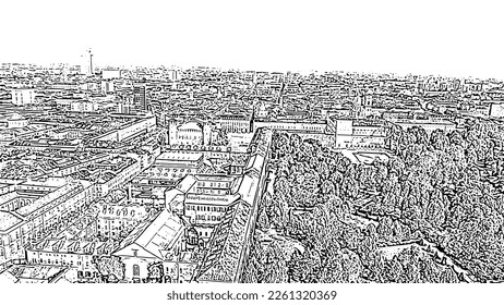 Turin, Italy. Flight over the city. Historical center, top view. Castle Square. Doodle sketch style. Aerial view