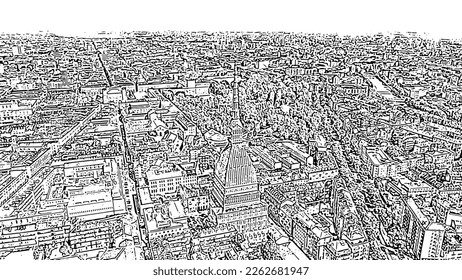 Turin, Italy. Flight over the city. Mole Antonelliana - a 19th-century building with a 121 m high dome and a spire. Doodle sketch style. Aerial view