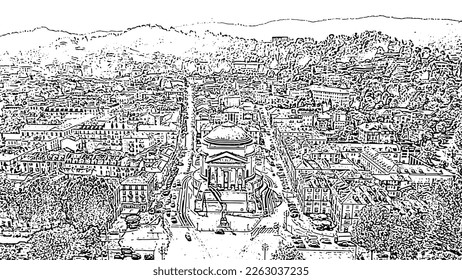 Turin, Italy. Flight over the city. Catholic Parish Church Gran Madre Di Dio. Doodle sketch style. Aerial view