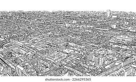 Turin, Italy. Flight over the city. Historical center, top view. Doodle sketch style. Aerial view