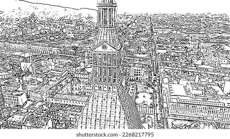 Turin, Italy. Flight over the city. Mole Antonelliana - a 19th-century building with a 121 m high dome and a spire. Doodle sketch style. Aerial view