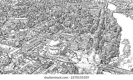 Turin, Italy. Flight over the city. Catholic Parish Church Gran Madre Di Dio. Doodle sketch style. Aerial view