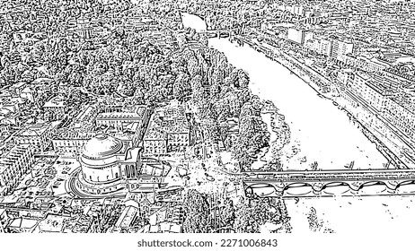 Turin, Italy. Flight over the city. Catholic Parish Church Gran Madre Di Dio. Bridge Vittorio Emanuele I. Doodle sketch style. Aerial view