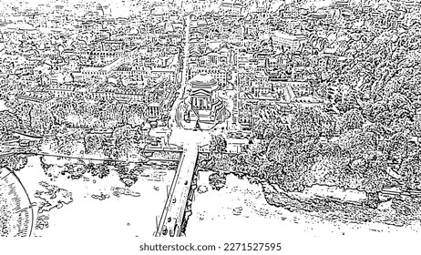 Turin, Italy. Flight over the city. Catholic Parish Church Gran Madre Di Dio. Bridge Vittorio Emanuele I. Doodle sketch style. Aerial view