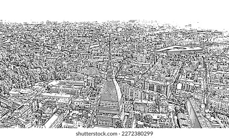 Turin, Italy. Flight over the city. Mole Antonelliana - a 19th-century building with a 121 m high dome and a spire. Doodle sketch style. Aerial view