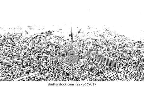 Turin, Italy. Flight over the city. Mole Antonelliana - a 19th-century building with a 121 m high dome and a spire. Doodle sketch style. Aerial view