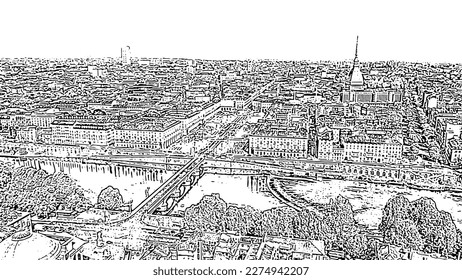 Turin, Italy. Flight over the city. Bridge Vittorio Emanuele I. Vittorio Veneto Square. Doodle sketch style. Aerial view