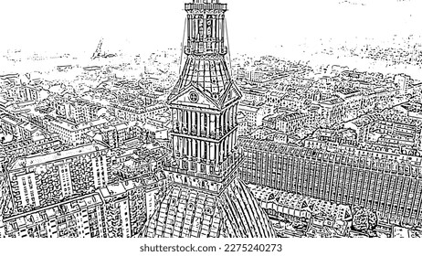 Turin, Italy. Flight over the city. Mole Antonelliana - a 19th-century building with a 121 m high dome and a spire. Doodle sketch style. Aerial view