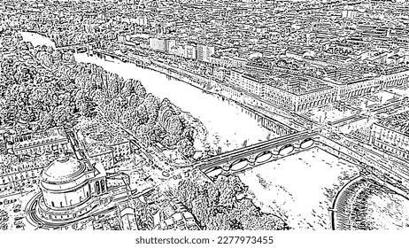 Turin, Italy. Flight over the city. Catholic Parish Church Gran Madre Di Dio. Bridge Vittorio Emanuele I. Doodle sketch style. Aerial view