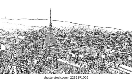 Turin, Italy. Flight over the city. Mole Antonelliana - a 19th-century building with a 121 m high dome and a spire. Doodle sketch style. Aerial view