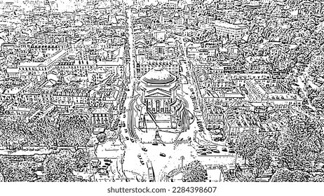 Turin, Italy. Flight over the city. Catholic Parish Church Gran Madre Di Dio. Doodle sketch style. Aerial view