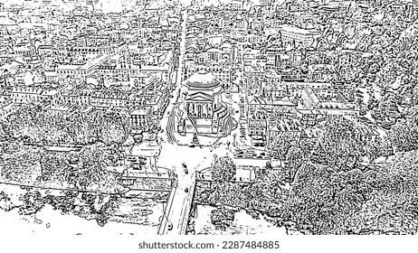 Turin, Italy. Flight over the city. Catholic Parish Church Gran Madre Di Dio. Doodle sketch style. Aerial view