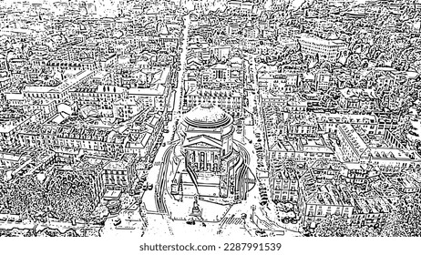 Turin, Italy. Flight over the city. Catholic Parish Church Gran Madre Di Dio. Doodle sketch style. Aerial view