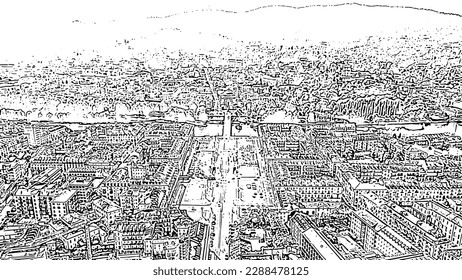 Turin, Italy. Flight over the city. Vittorio Veneto Square. Doodle sketch style. Aerial view